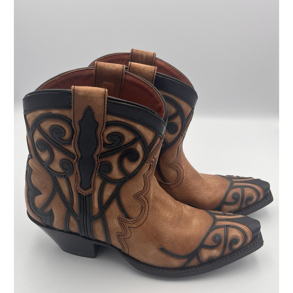 Dan Post Women's Boots 7M Tan Leather Black Overlay Snip Toe Not Bashful